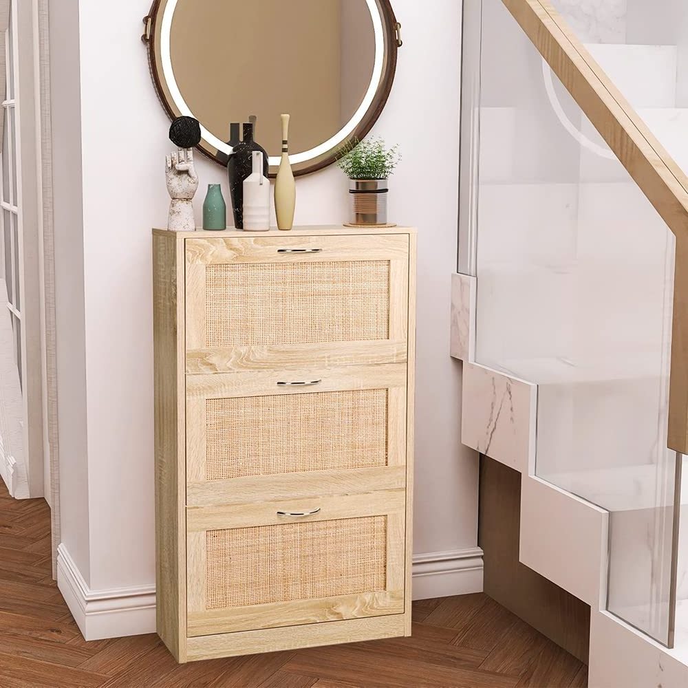 Hidden Rattan Shoe Cabinet Narrow Shoe Storage Cabinet for Entryway Narrow Free Standing 3 Tier Slim Shoe Racks