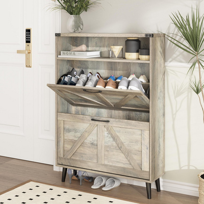 High Quality White & Natural 3 Flip-Drawers Shoe Cabinet Wooden Shoe Rack Cabinet Shoe Storage Bench