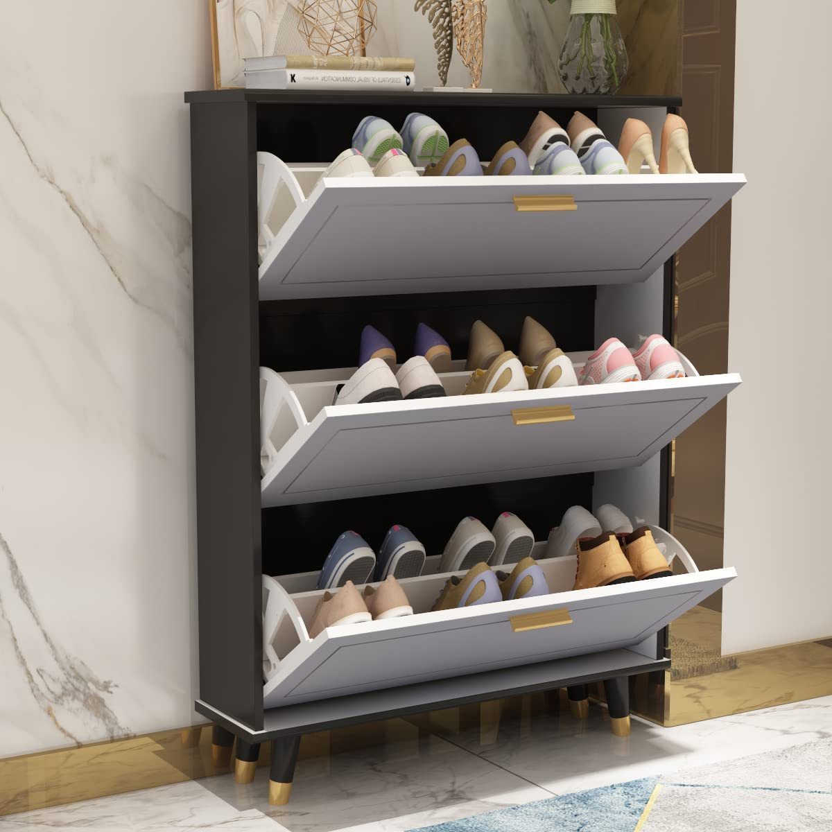 High Quality White & Natural 3 Flip-Drawers Shoe Cabinet Wooden Shoe Rack Cabinet Shoe Storage Bench