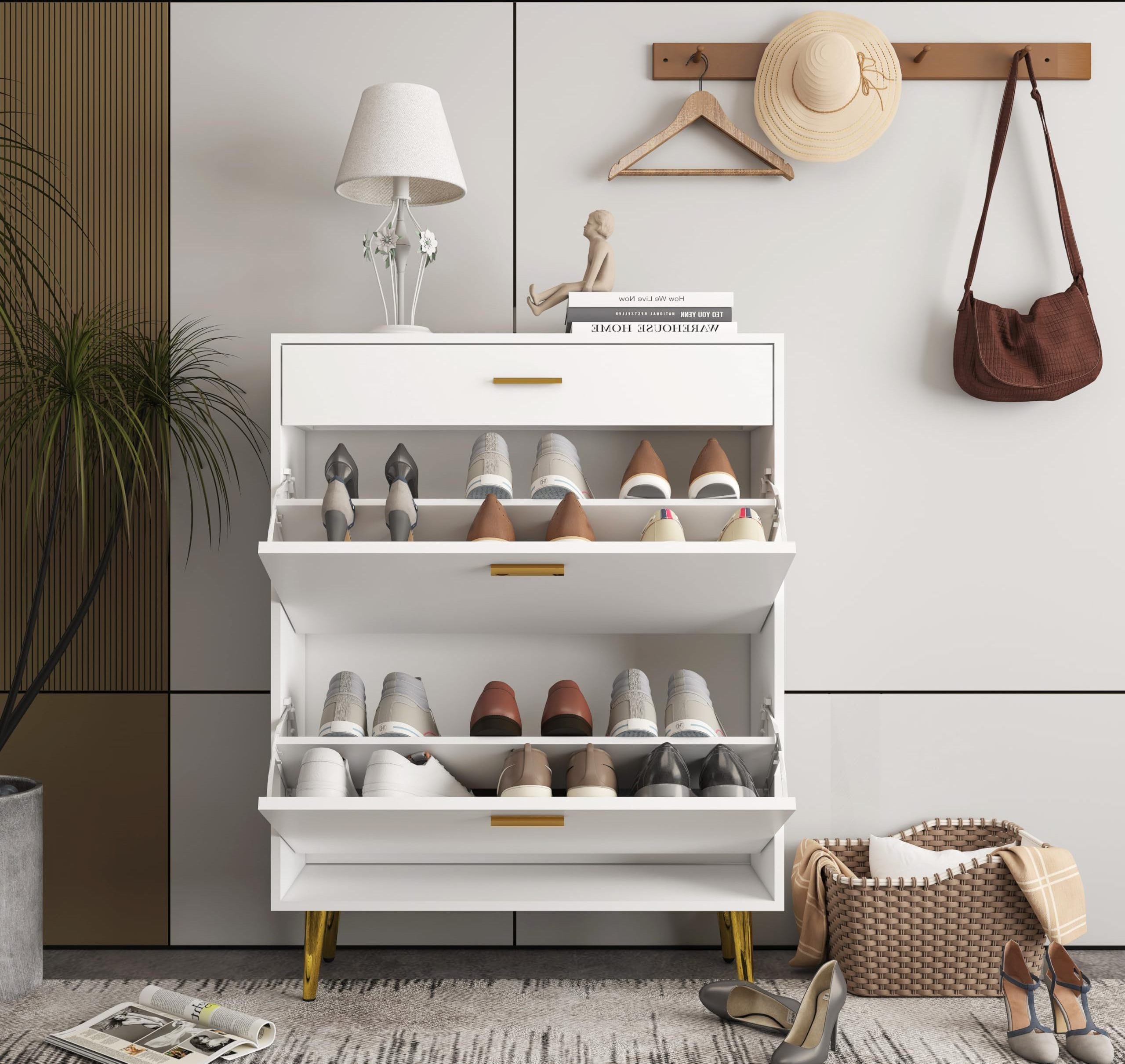 Freestanding Entryway Narrow Shoe Rack Cabinet Flip Drawers Shoe Storage Organizer General Use Home Furniture Living Room