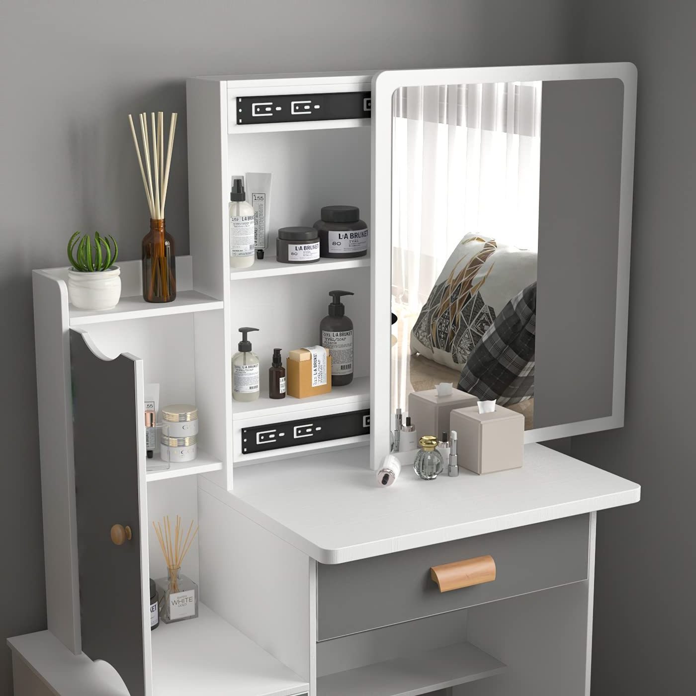 Makeup Vanity Dressing Table with Sliding Mirror Dresser Desk and Cushioned Stool Set 4 Drawers & Shelves