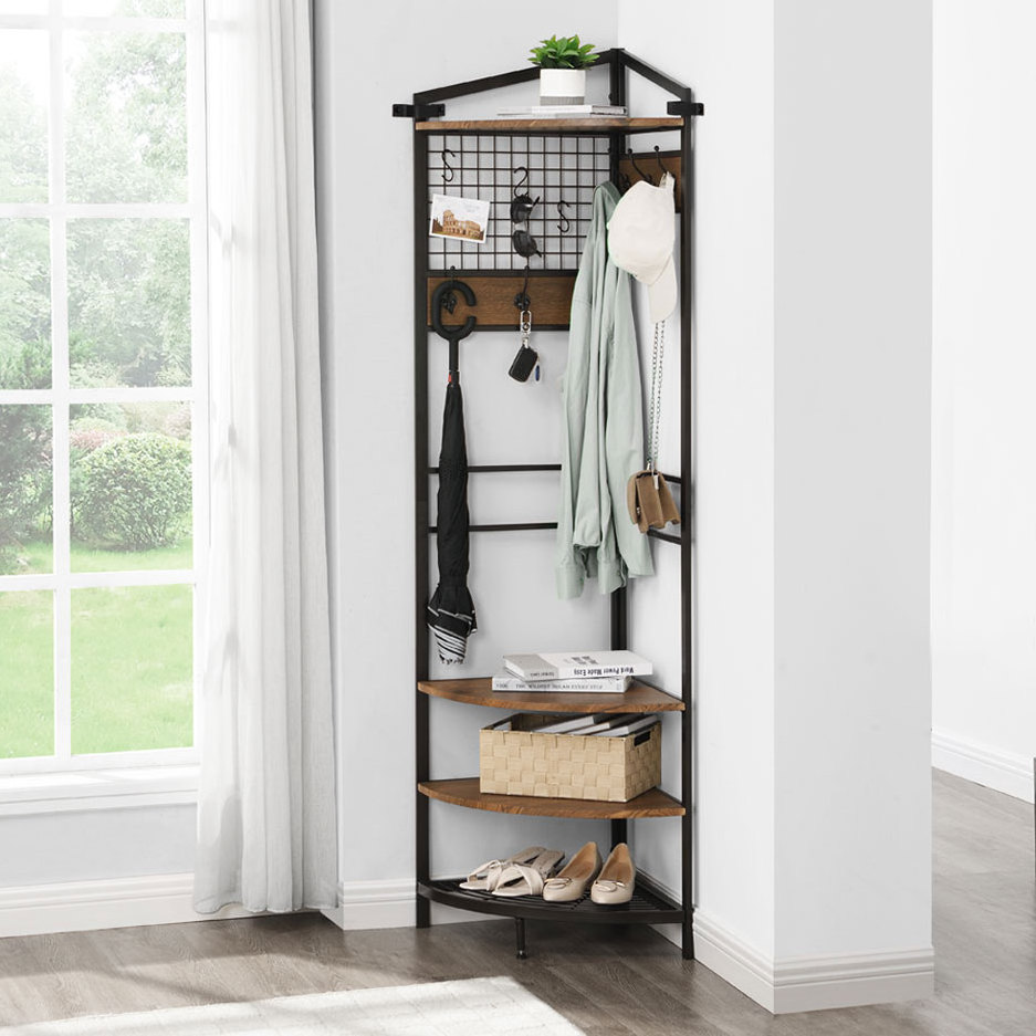 Corner Hall Tree Industrial Corner Coat Rack with Hooks and Storage Shelf for Entryway Hallway Corner Organizer with Shoes Rack