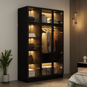 Modern Glass Door Clothes Wardrobe with Wood Closet Cabinet Storage Armoire Bedroom Furniture