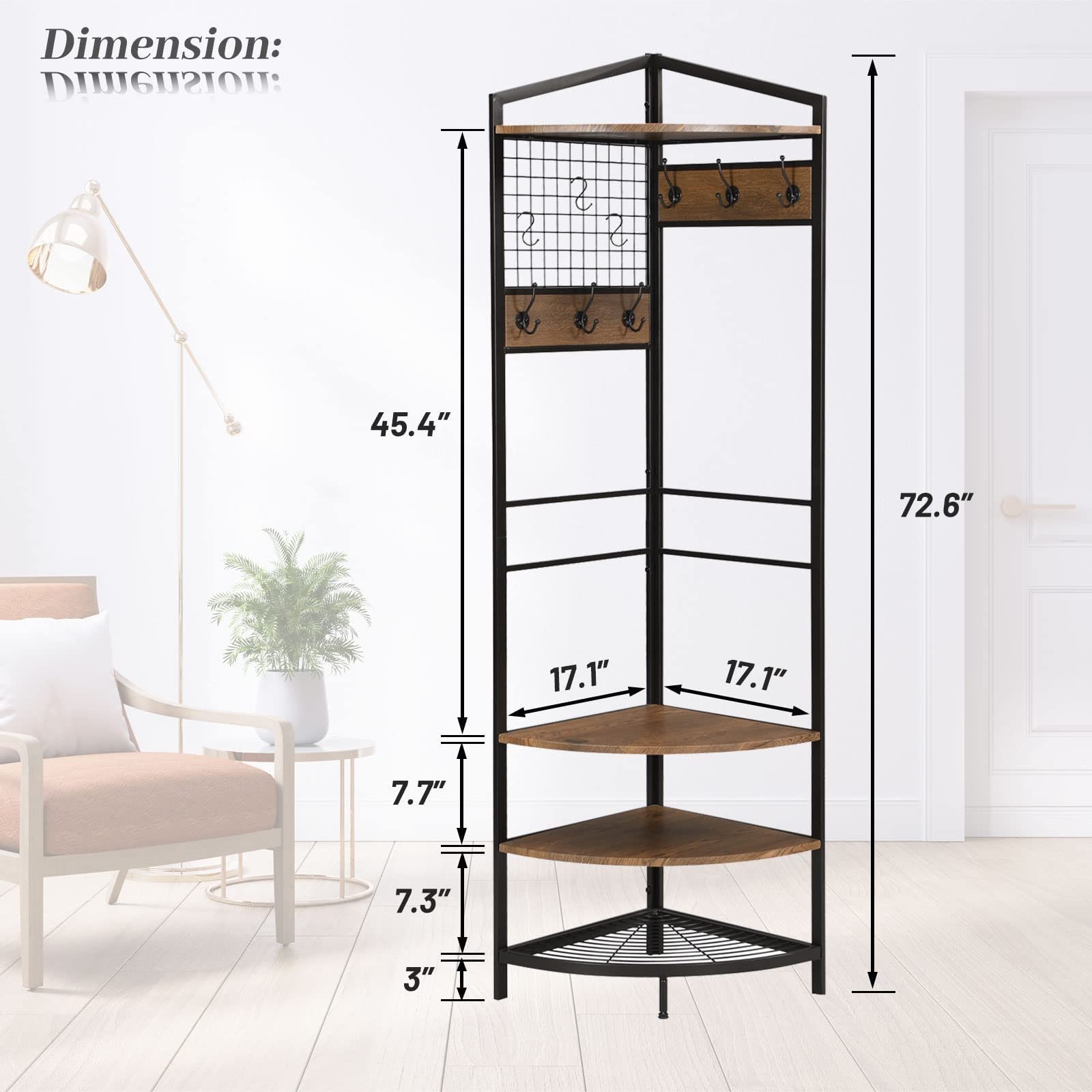 Corner Hall Tree Industrial Corner Coat Rack with Hooks and Storage Shelf for Entryway Hallway Corner Organizer with Shoes Rack