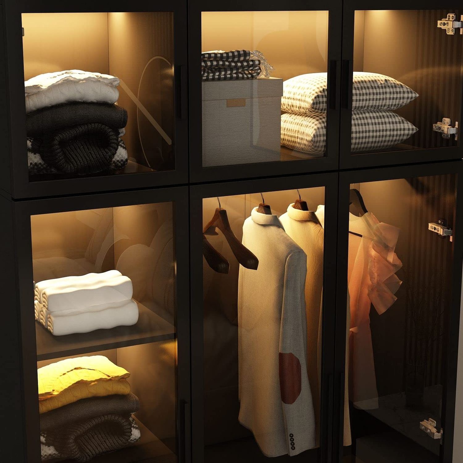 Modern Glass Door Clothes Wardrobe with Wood Closet Cabinet Storage Armoire Bedroom Furniture