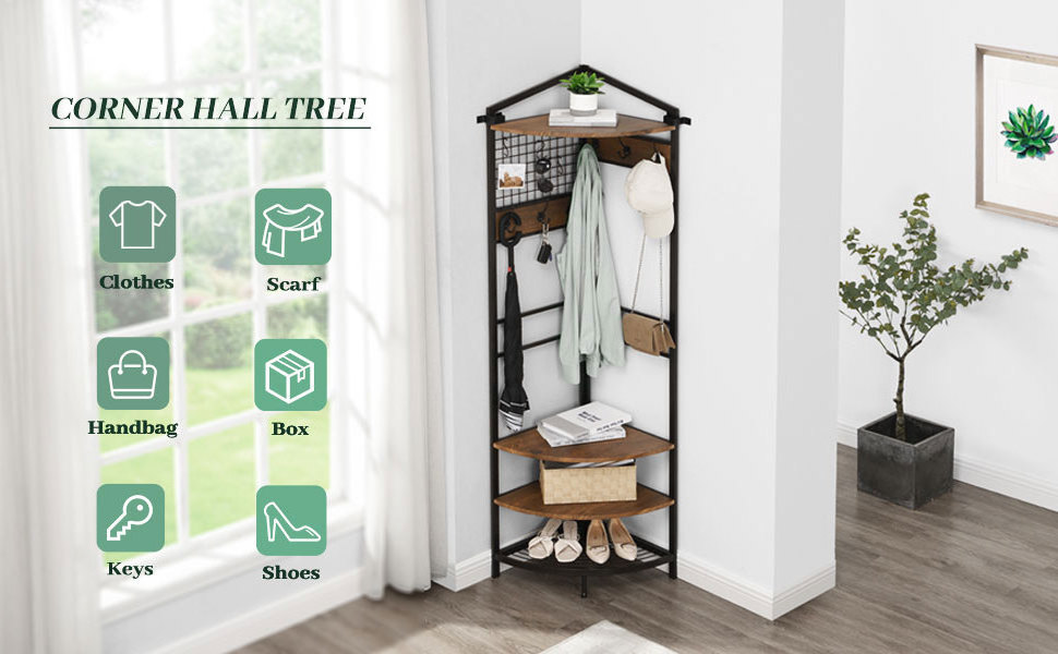 Corner Hall Tree Industrial Corner Coat Rack with Hooks and Storage Shelf for Entryway Hallway Corner Organizer with Shoes Rack