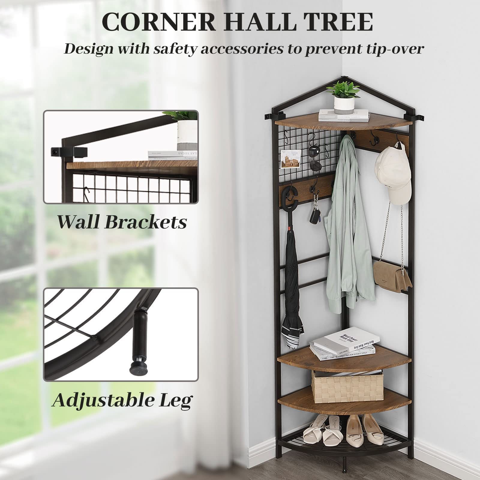 Corner Hall Tree Industrial Corner Coat Rack with Hooks and Storage Shelf for Entryway Hallway Corner Organizer with Shoes Rack