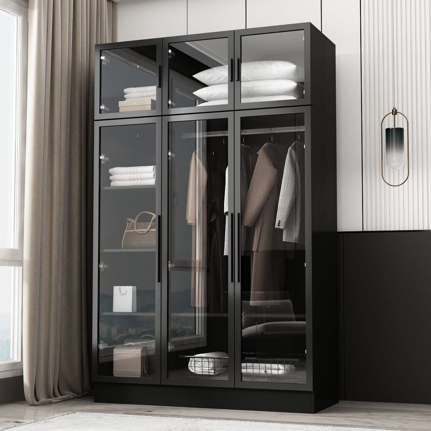 Modern Glass Door Clothes Wardrobe with Wood Closet Cabinet Storage Armoire Bedroom Furniture