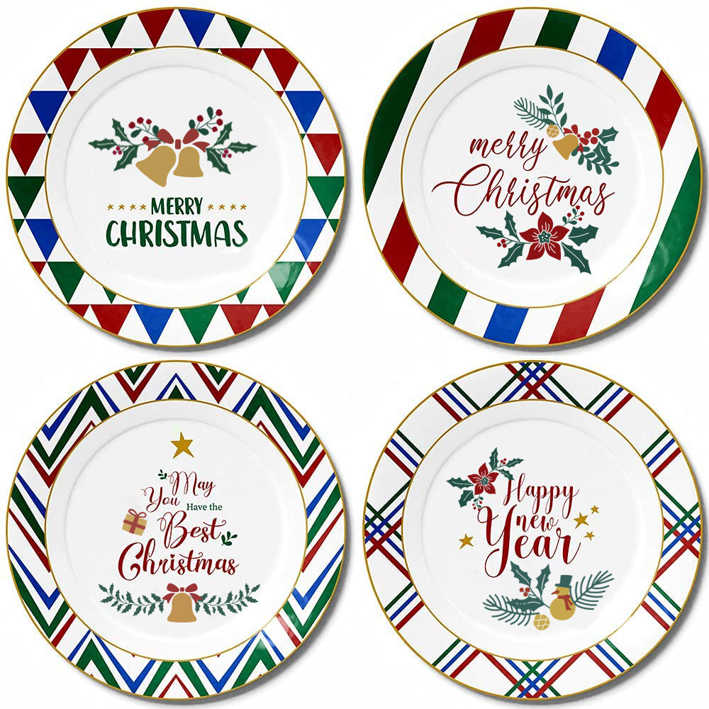 Wholesale custom Christmas Holiday decal round porcelain plate set restaurant dishes christmas dinner ceramic plates