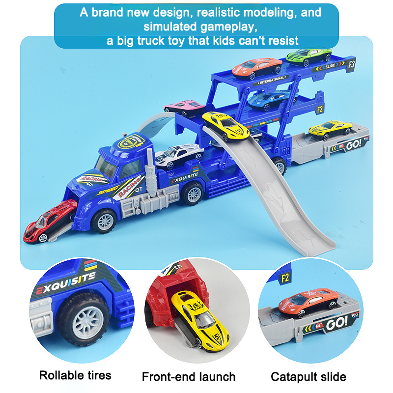 Hot Sale Sliding die cast car toys Transportation Cars Catapult Vehicle Three layer Foldable container truck for kids