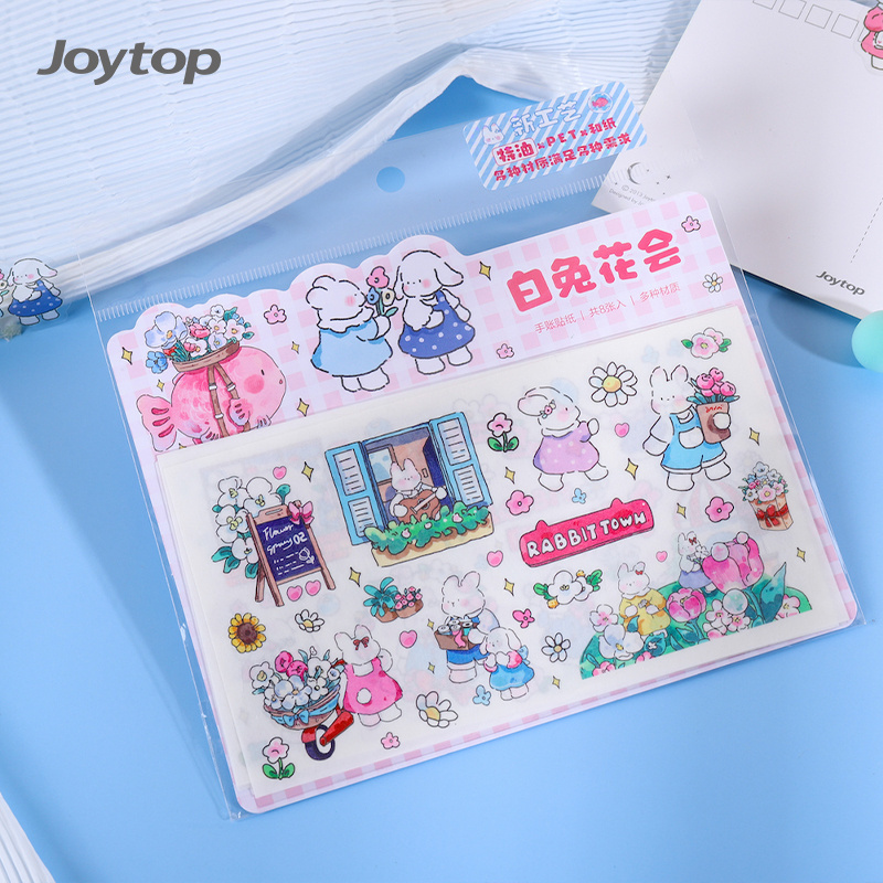 Joytop 1657 Wholesale White Rabbit Flower Club Sticker Pack 8pcs in 1 pack for kids cartoon sticker cute stationary