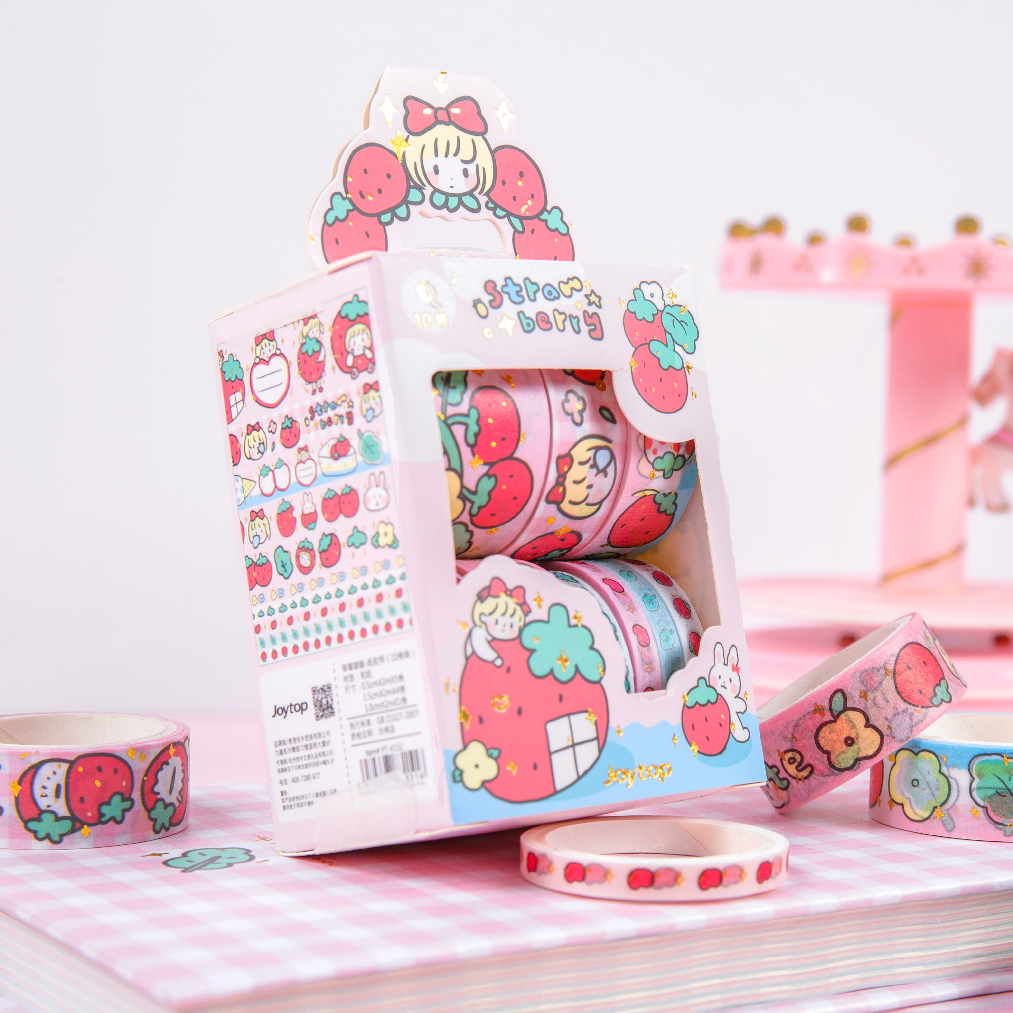 Joytop 4758 Wholesale Strawberry 10 Rolls Printed Kawaii Planner Washi Tapes For Kids