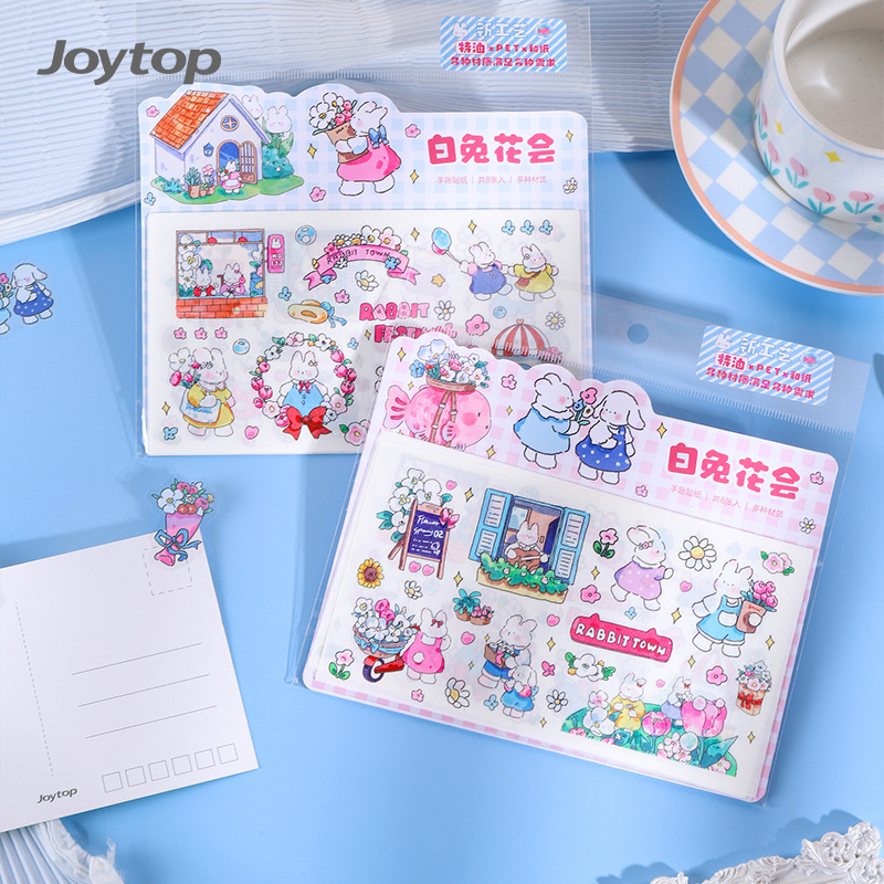 Joytop 1657 Wholesale White Rabbit Flower Club Sticker Pack 8pcs in 1 pack for kids cartoon sticker cute stationary