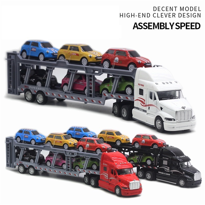 1:48 Die-Cast Transport Carrier Truck Model Toys Set 35cm length pull back tractor truck Double trailer with  6 trolley