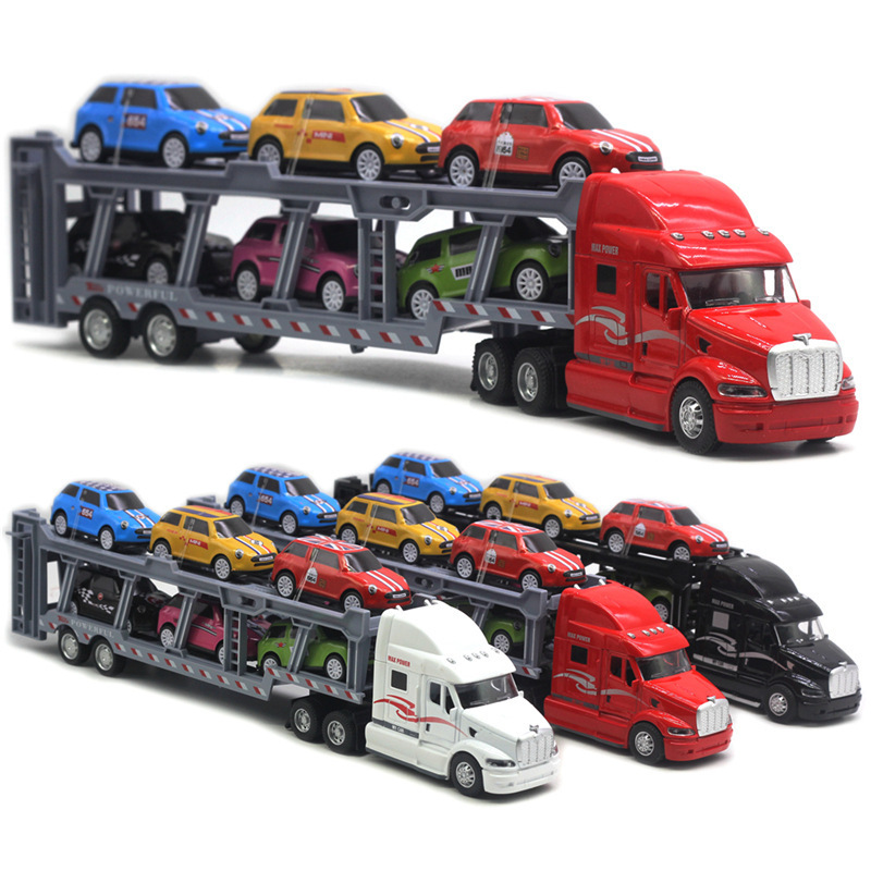 1:48 Die-Cast Transport Carrier Truck Model Toys Set 35cm length pull back tractor truck Double trailer with  6 trolley