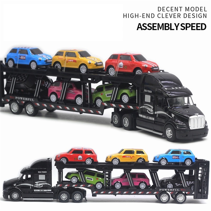 1:48 Die-Cast Transport Carrier Truck Model Toys Set 35cm length pull back tractor truck Double trailer with  6 trolley