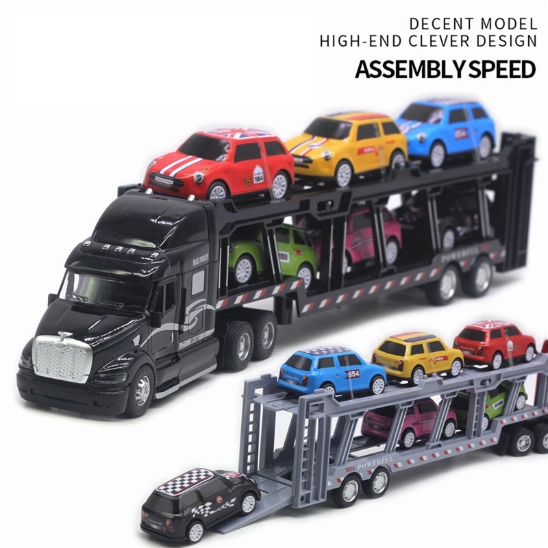 1:48 Die-Cast Transport Carrier Truck Model Toys Set 35cm length pull back tractor truck Double trailer with  6 trolley