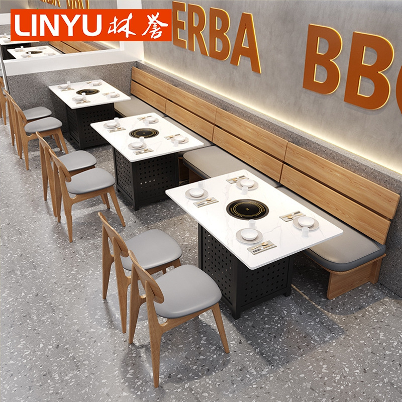 Korean Brazil BBQ barbecue hot pot marble stone restaurant furniture grill table and booth sofa dining chair for restaurant