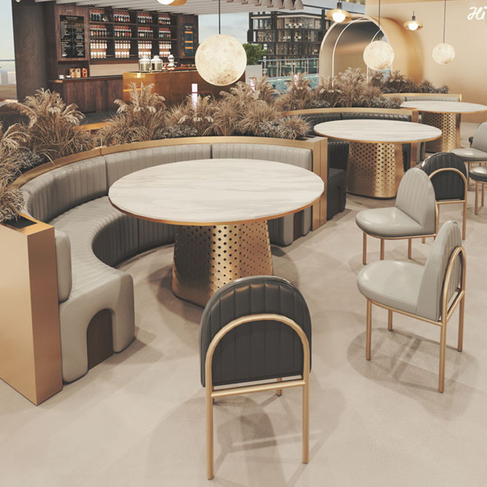 High end luxury gold mesh stainless steel metal leather restaurant round arc shaped booth sofa and table chair set furniture