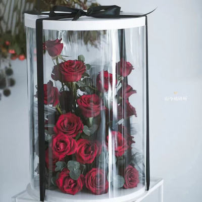 New design luxury round window PVC giant hug bucket round roses display box flower bouquet packaging box