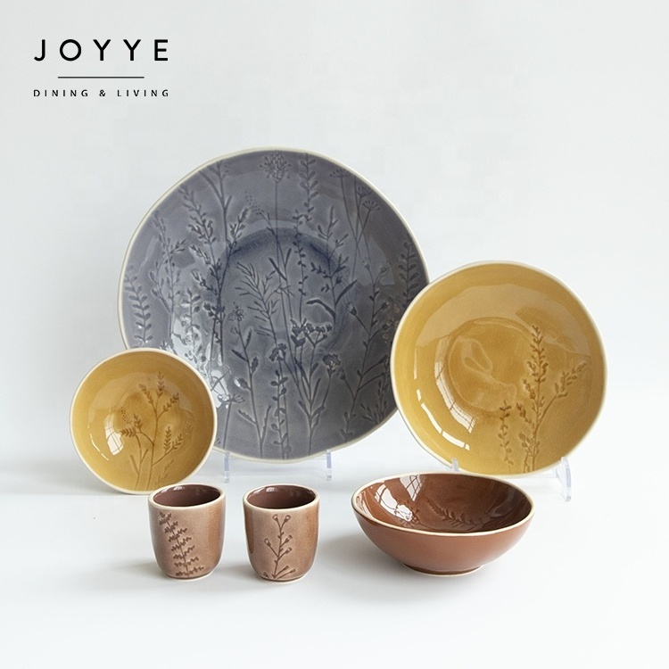 JOYYE ceramic serving bowls rice / salad / fruit / soup bowl yellow crackle glaze debossed flower design ceramic noodle bowl