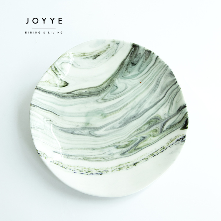 Joyye new design novelty custom decal printed artistic abstract wholesale white dinner ceramic plates with gold rim