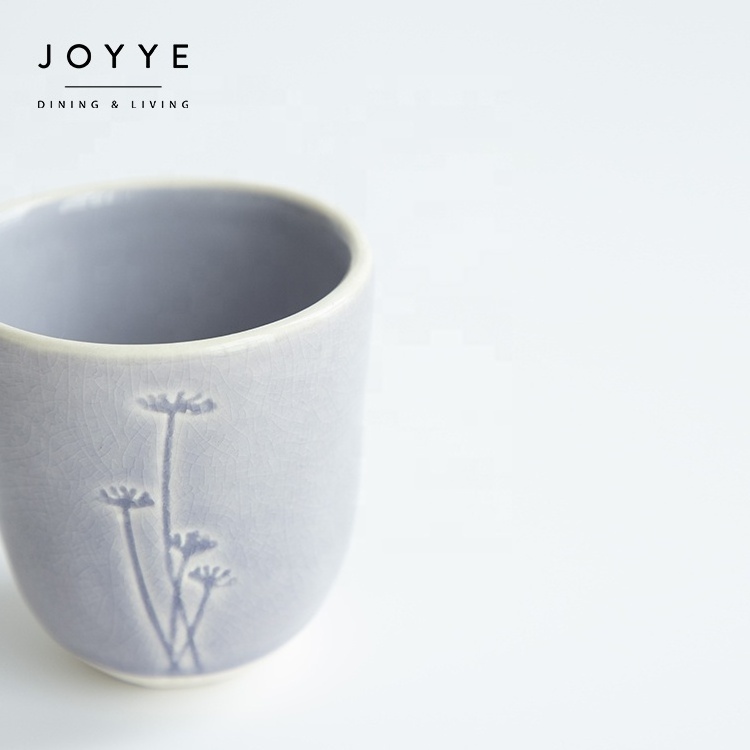 JOYYE high quality ceramic coffee cups without handles crackle debossed wild flower design ceramic tea cup