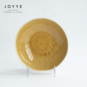 JOYYE ceramic serving bowls rice / salad / fruit / soup bowl yellow crackle glaze debossed flower design ceramic noodle bowl