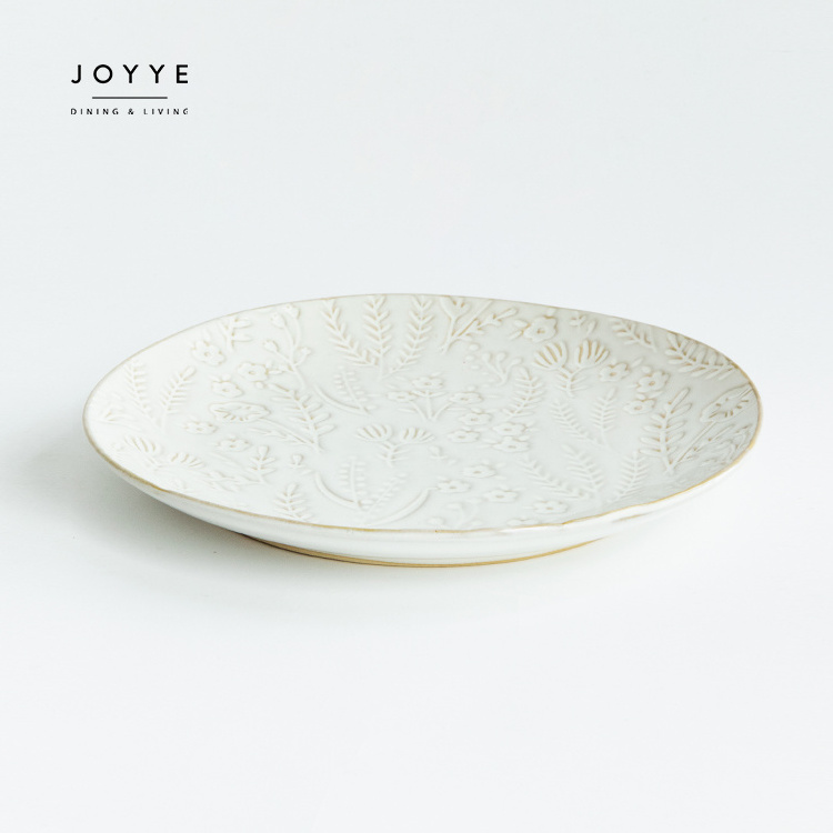 JOYYE  White Embossed Flower Pattern Porcelain Plate Ceramic Crockery Dinner Dishes  Flower Plates for Weddings