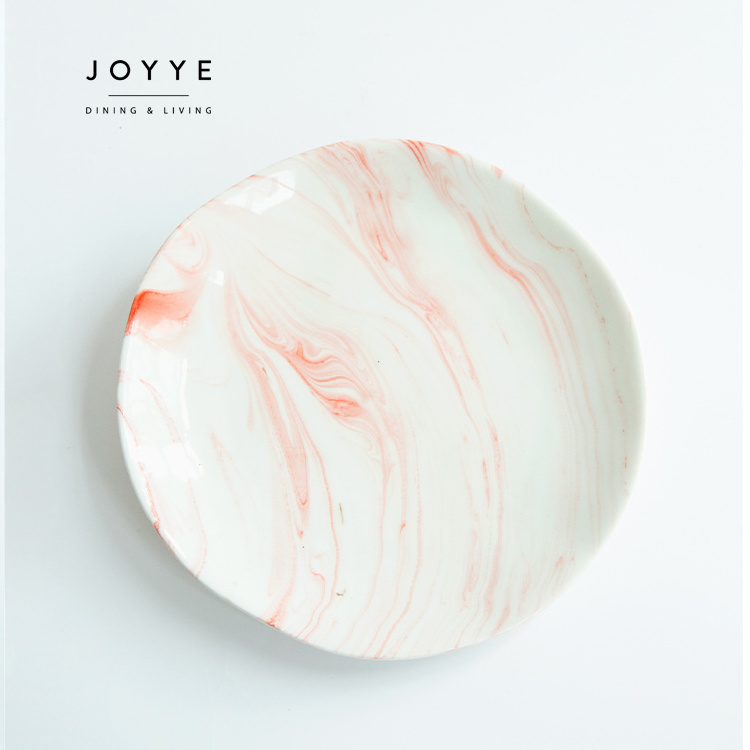 Joyye new design novelty custom decal printed artistic abstract wholesale white dinner ceramic plates with gold rim