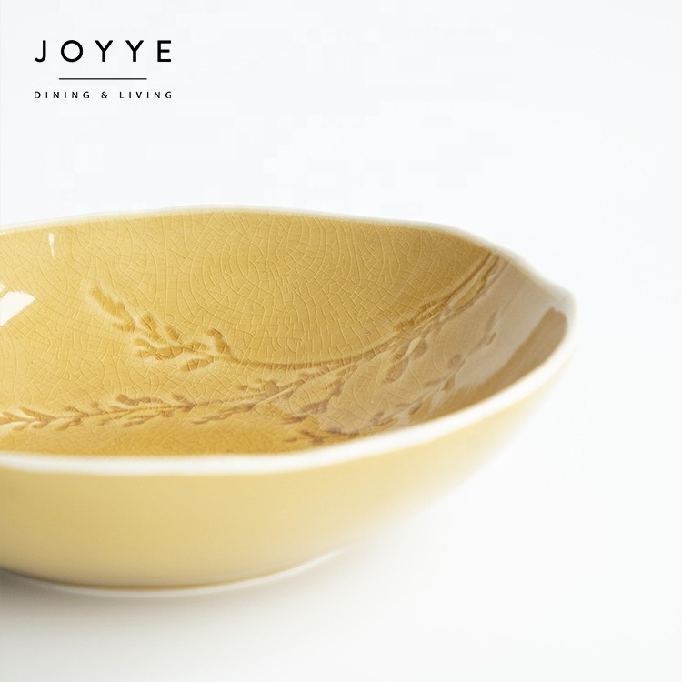 JOYYE ceramic serving bowls rice / salad / fruit / soup bowl yellow crackle glaze debossed flower design ceramic noodle bowl