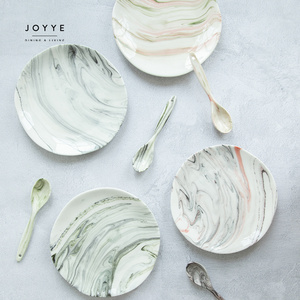 Joyye new design novelty custom decal printed artistic abstract wholesale white dinner ceramic plates with gold rim