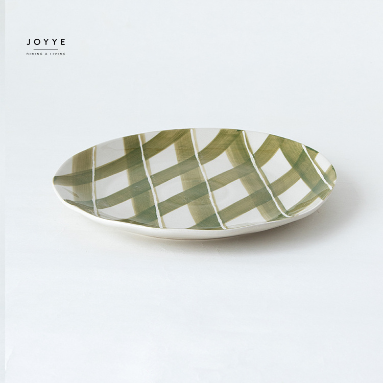 JOYYE Ceramic Under Glazed Hand painted Hand Drawn Green Lattice Dinnerware Dinner Plates For Autumn And Halloween