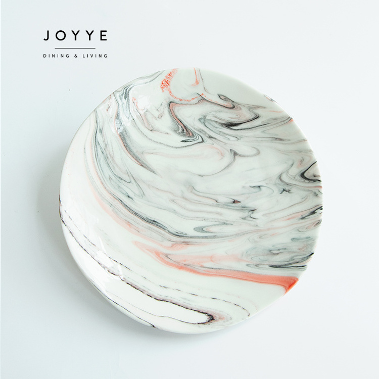 Joyye new design novelty custom decal printed artistic abstract wholesale white dinner ceramic plates with gold rim