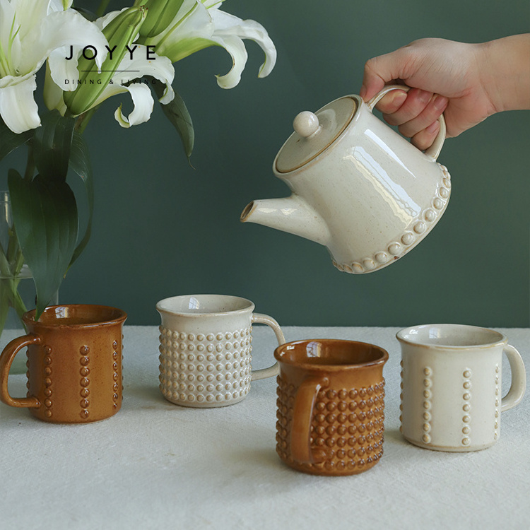 JOYYE Vintage Beige And Brown Debossed Ceramic Drinkware And Dinnerware Set With Tea Pot  / Coffee Mug Cup / Dinner Plate