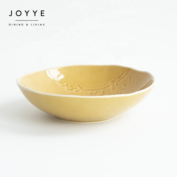 JOYYE ceramic serving bowls rice / salad / fruit / soup bowl yellow crackle glaze debossed flower design ceramic noodle bowl