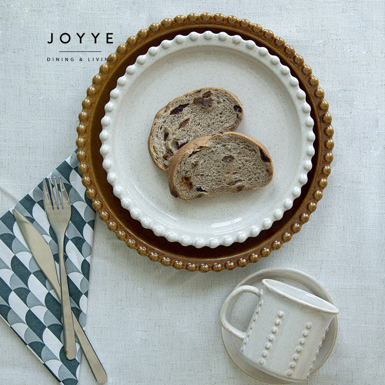 JOYYE Vintage Beige And Brown Debossed Ceramic Drinkware And Dinnerware Set With Tea Pot  / Coffee Mug Cup / Dinner Plate