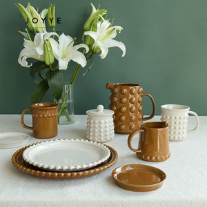 JOYYE Vintage Beige And Brown Debossed Ceramic Drinkware And Dinnerware Set With Tea Pot  / Coffee Mug Cup / Dinner Plate