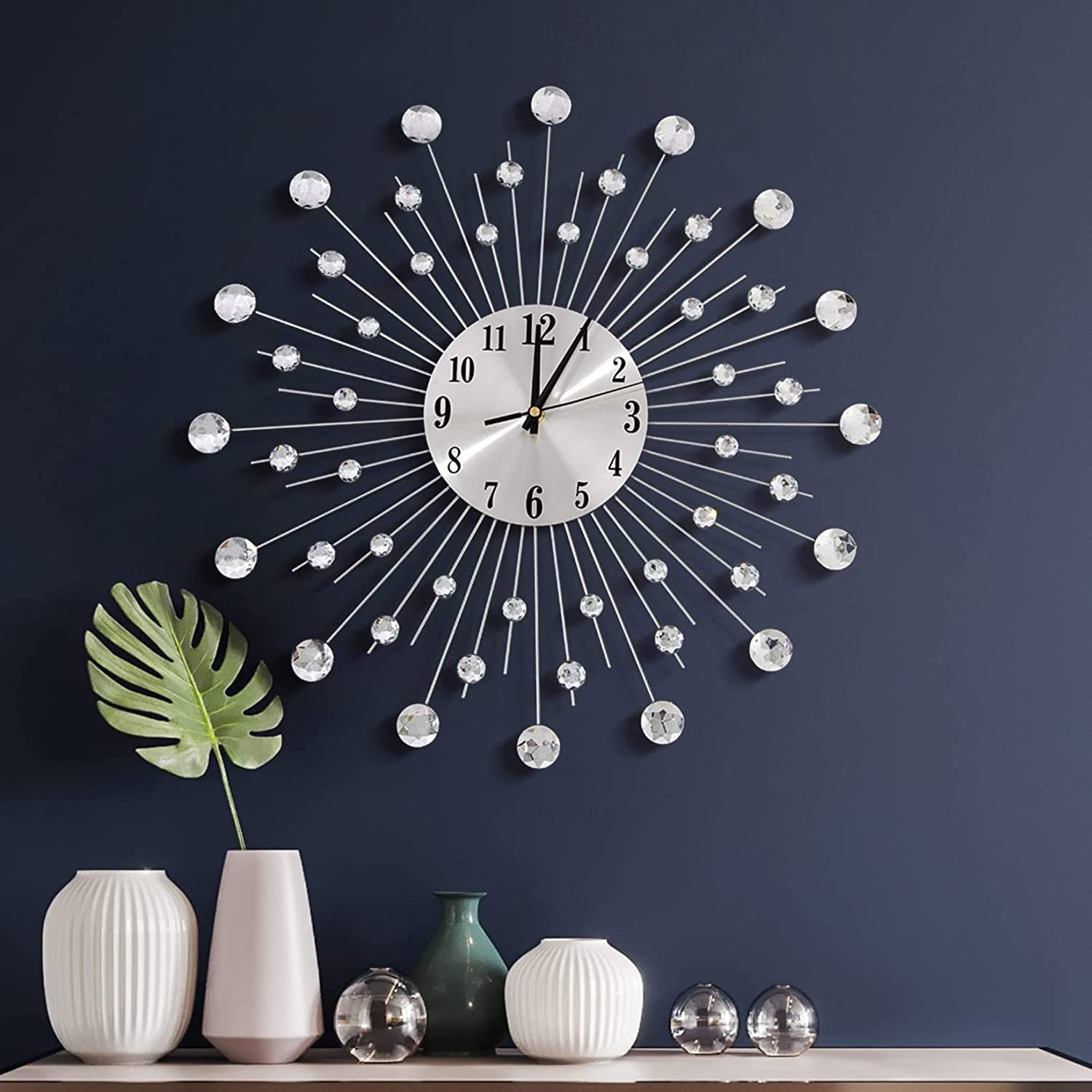 19.7 Inch Large Wall Clock for Living Room Decor, Non-Ticking Quiet Modern Metal Starburst Bling Silver Crystal Wall Clocks Deco