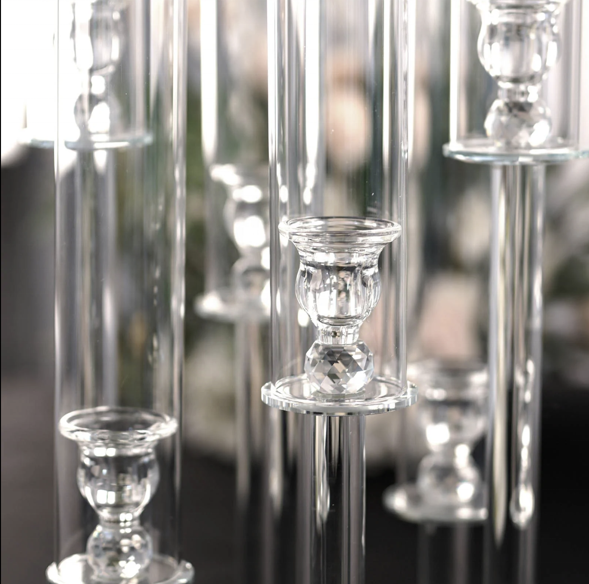 7 Arms Clear Crystal Cluster Round Candelabra, Pillar Candle Holders with Mirror Base - Perfect for Birthdays