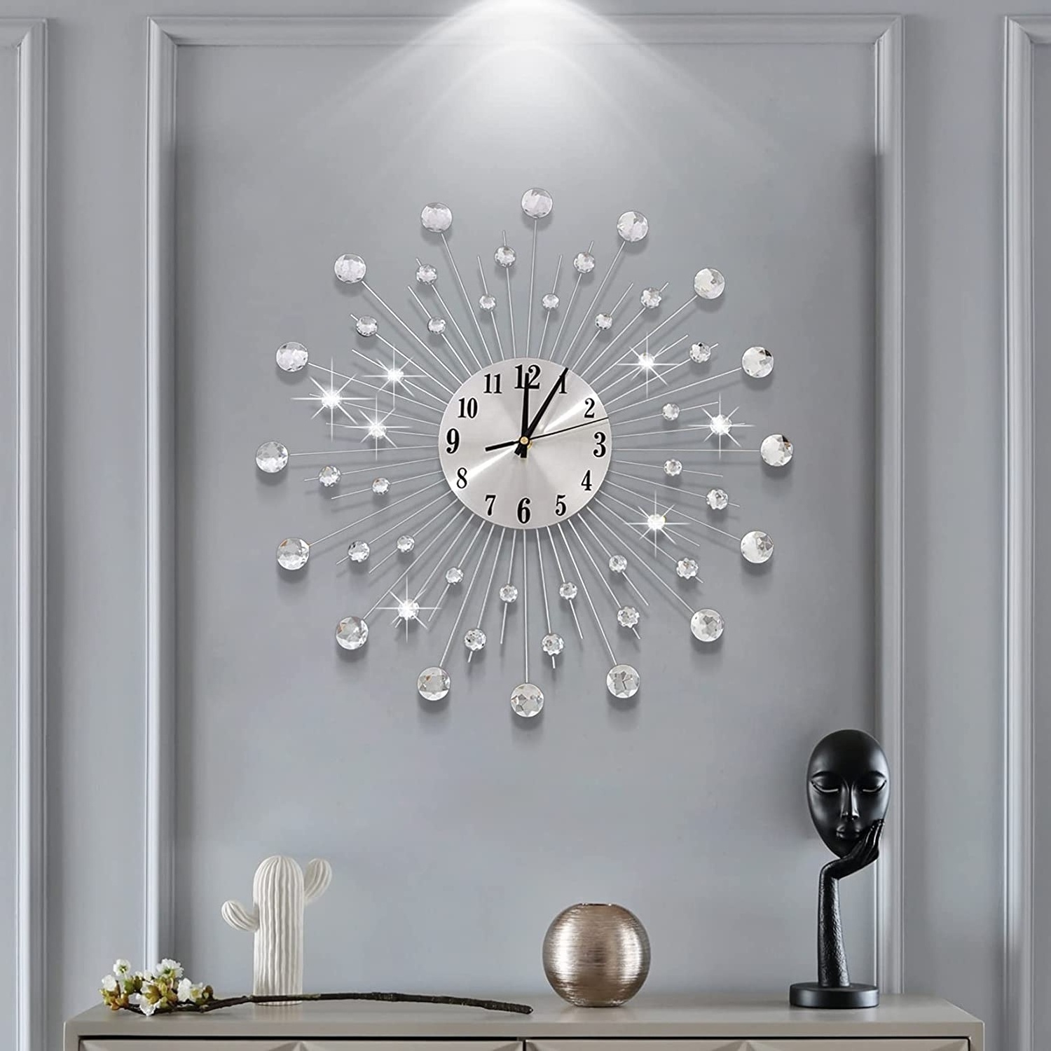 19.7 Inch Large Wall Clock for Living Room Decor, Non-Ticking Quiet Modern Metal Starburst Bling Silver Crystal Wall Clocks Deco