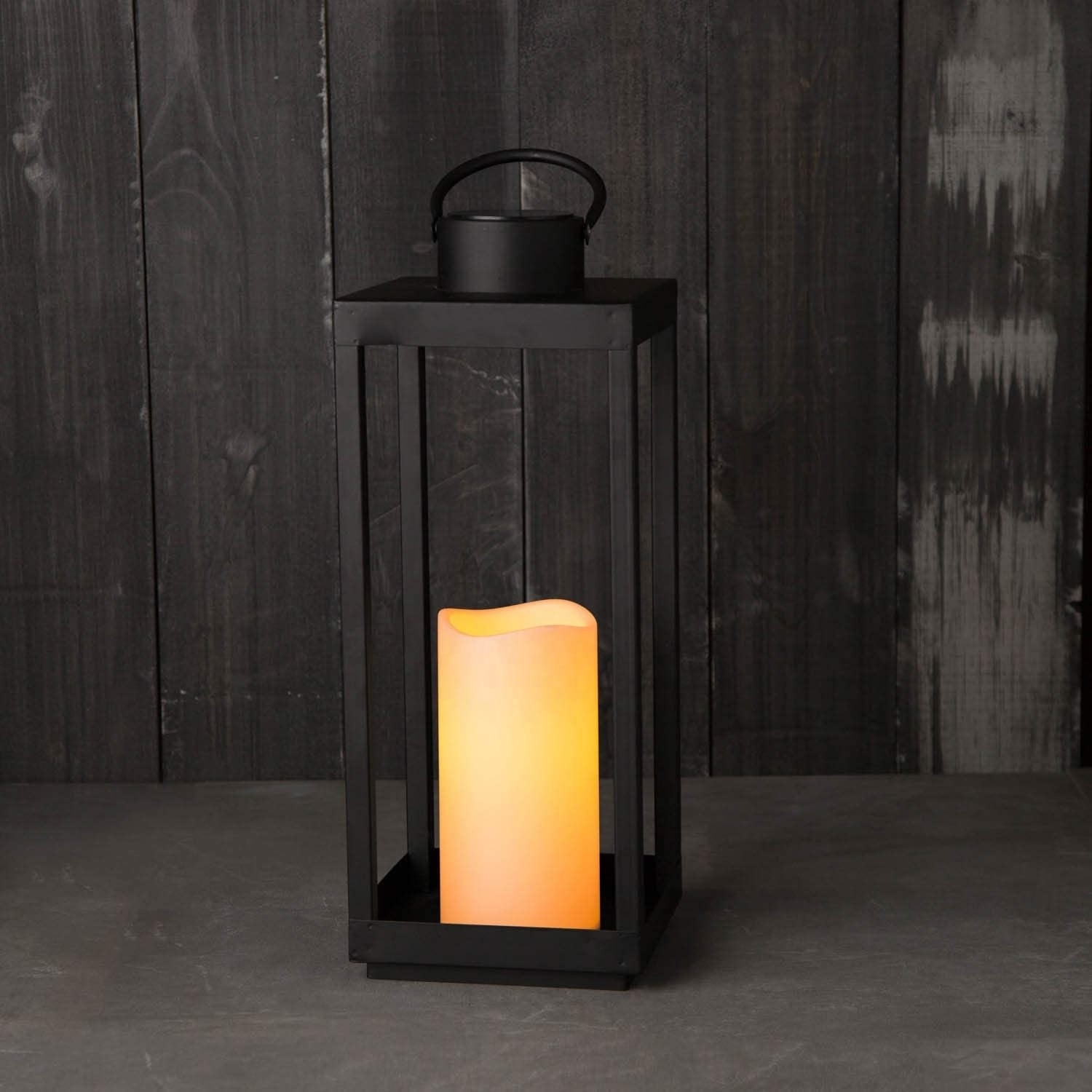 Large Outdoor Lantern with Solar Candle - 18 Inch Tall, Matte Black Metal Frame, Waterproof Flameless Pillar Candle