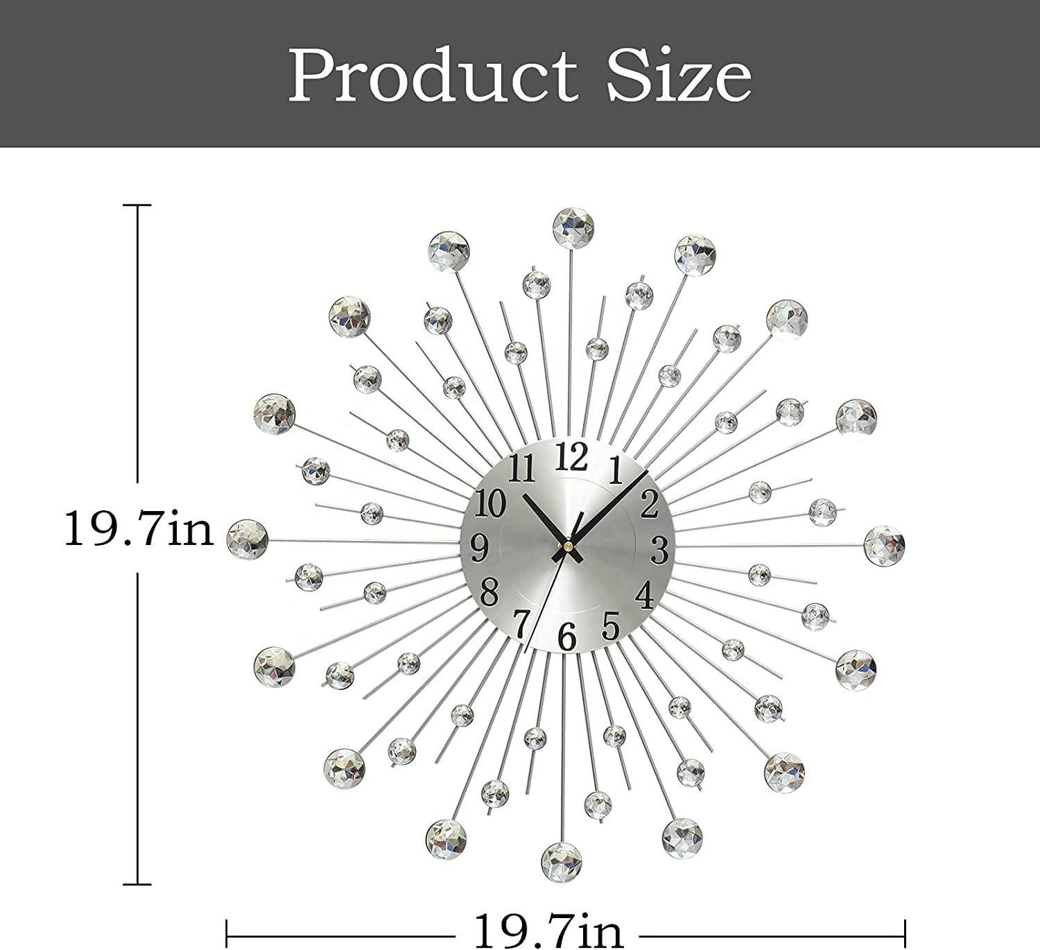 19.7 Inch Large Wall Clock for Living Room Decor, Non-Ticking Quiet Modern Metal Starburst Bling Silver Crystal Wall Clocks Deco