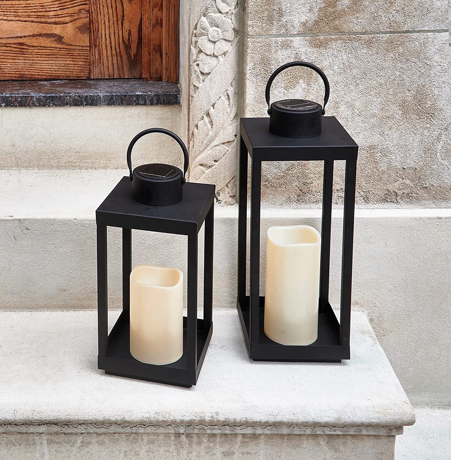 Large Outdoor Lantern with Solar Candle - 18 Inch Tall, Matte Black Metal Frame, Waterproof Flameless Pillar Candle