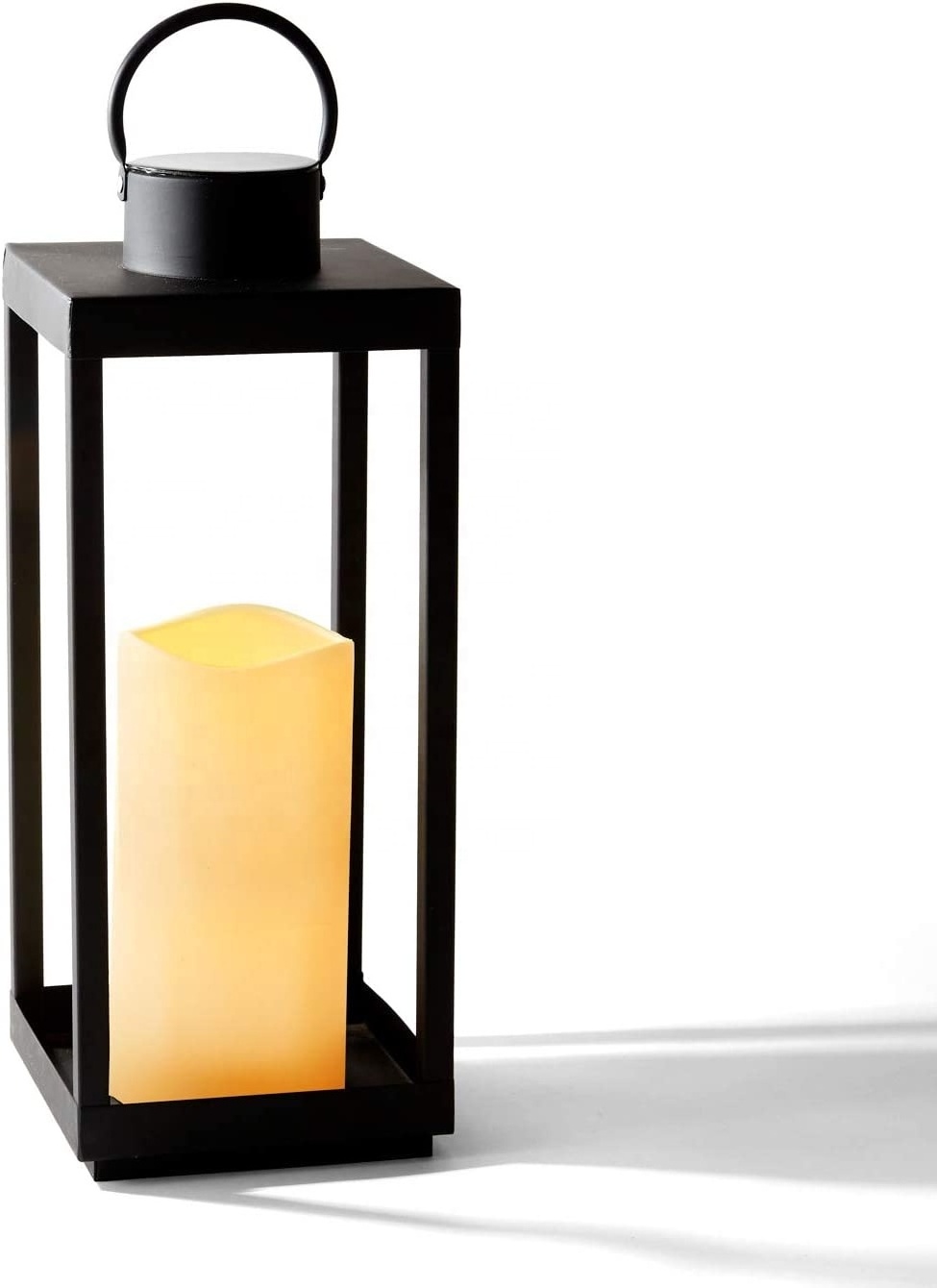 Large Outdoor Lantern with Solar Candle - 18 Inch Tall, Matte Black Metal Frame, Waterproof Flameless Pillar Candle