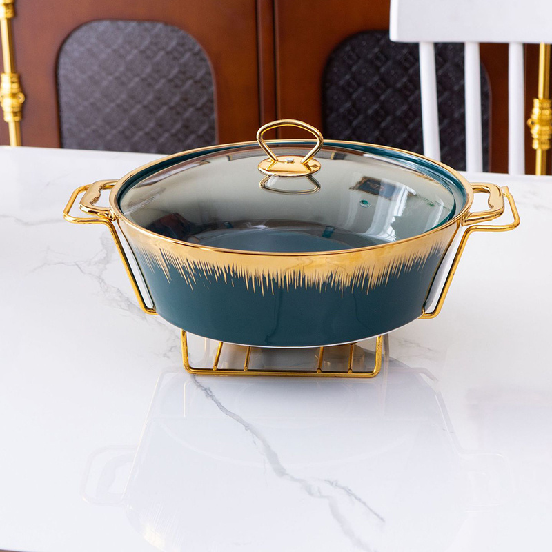 High quality Luxury Gold Oval Shape Casserole Ceramic Buffet Food Warmer Container Soup Pot With handle