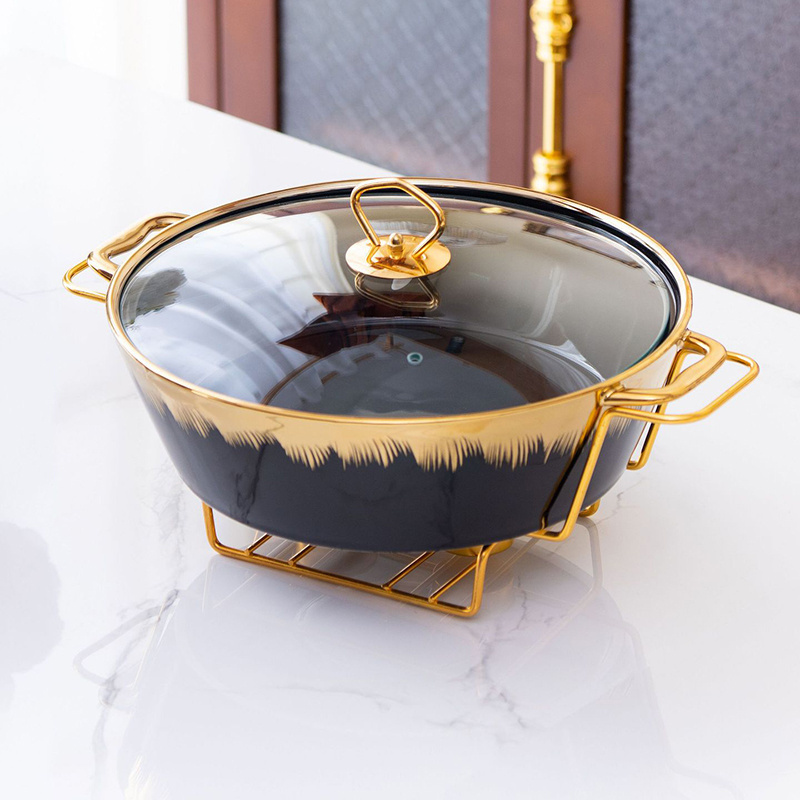 High quality Luxury Gold Oval Shape Casserole Ceramic Buffet Food Warmer Container Soup Pot With handle