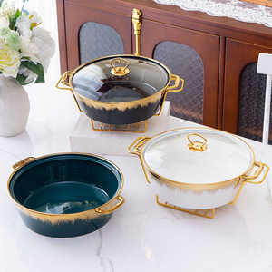 High quality Luxury Gold Oval Shape Casserole Ceramic Buffet Food Warmer Container Soup Pot With handle