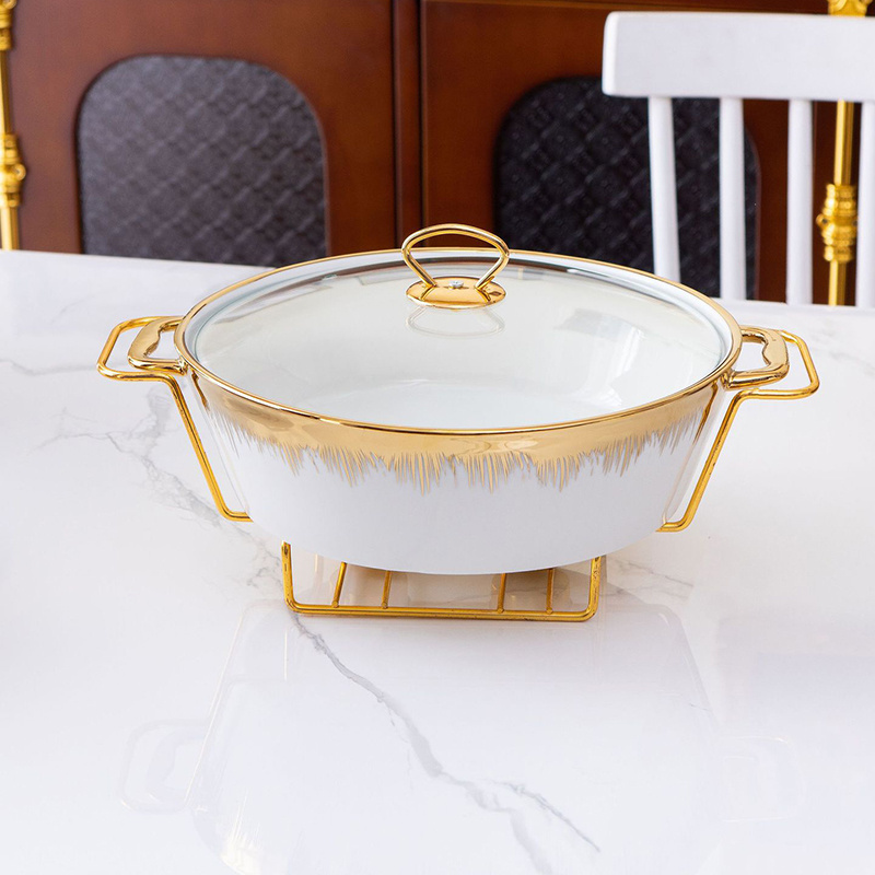 High quality Luxury Gold Oval Shape Casserole Ceramic Buffet Food Warmer Container Soup Pot With handle