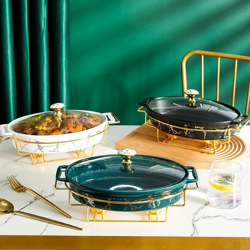 Nordic design Luxury Golden Restaurant Cookware Food Warmer Oval Ceramic Chafing Dish Buffet Dishes With Glass Lid